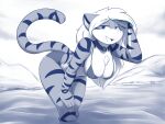  2022 aegis_(infinitedge) anthro bent_over bikini breasts chest_tuft choker clothing felid female fur hair hand_on_knee hand_on_leg hi_res infinitedge jewelry long_hair looking_at_viewer mammal monochrome narrowed_eyes necklace open_mouth pantherine solo striped_body striped_fur stripes swimwear tiger tuft water 