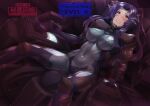  1girl blue_bodysuit blush bodysuit breasts clenched_teeth cockpit covered_navel covered_nipples fortified_suit furrowed_brow hair_intakes highres kurione_(zassou) long_hair muvluv original pilot_suit ponytail purple_hair sidelocks sitting solo sweat teeth yellow_eyes 