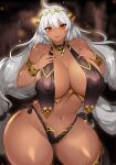  1girl armlet bangs bare_shoulders bracelet breast_curtains breasts closed_mouth commentary dark_elf elf fingernails grey_hair gurimjang hands_on_own_chest highleg highleg_panties highres jewelry large_breasts lips long_hair looking_at_viewer navel original panties pointy_ears revealing_clothes shiny shiny_hair shiny_skin simple_background smile solo stomach thighs tiara underwear 
