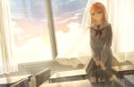  1girl backlighting bag bangs bird blue_sky blurry bokeh bow braid breasts brown_hair chair classroom cloud cloudy_sky contrail cumulonimbus_cloud curtains depth_of_field desk dutch_angle eyelashes gradient gradient_sky grey_eyes grey_shirt grey_skirt hair_between_eyes hair_bow hanasato_minori happy highres holding holding_bag indoors light_particles long_sleeves medium_breasts medium_hair miyamasuzaka_girls&#039;_academy_uniform neckerchief orange_bow orange_sky piro_kekabu pleated_skirt project_sekai red_neckerchief sailor_collar school_bag school_chair school_desk school_uniform shirt shoulder_bag sideways_glance skirt sky smile solo sunlight sunset swept_bangs tareme two-tone_bow v_arms white_bird white_bow white_sailor_collar window yellow_sky 