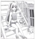  1girl absurdres camisole collarbone crosshatching greyscale groin h2_(h20000000) hand_on_own_head hatching_(texture) highres kantai_collection kasumi_(kancolle) monochrome navel shoes short_shorts shorts side_ponytail sitting sneakers solo stairs traditional_media 