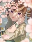  1girl blurry blurry_foreground brown_hair cherry_blossoms commentary dappled_sunlight depth_of_field grey_shirt hair_tie half-closed_eyes hand_in_own_hair idolmaster idolmaster_million_live! kamille_(vcx68) long_hair long_sleeves looking_at_viewer medium_hair parted_lips purple_eyes shirt side_ponytail smile solo sunlight tree_shade watch wristwatch yokoyama_nao 