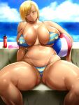  1girl ass ball bangs beachball bikini blonde_hair breasts covered_nipples curvy ear_piercing highres huge_breasts ijise_(ijiisenoyatu) ocean original piercing short_hair sitting solo striped striped_bikini swept_bangs swimsuit tan tanlines thighs thong_bikini 