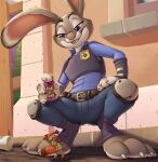  2022 anthro bottomwear canid canine clothing digital_media_(artwork) disney fox judy_hopps lagomorph leporid macro male mammal micro nick_wilde open_mouth outside pants police_officer rabbit shrunk size_difference smaller_male spray_can teaselbone uniform zootopia 
