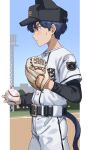  1boy absurdres animal_ears asuka_shirou baseball baseball_cap baseball_mitt baseball_stadium baseball_uniform belt belt_buckle bishounen black_belt blue_hair buckle cat_boy cat_ears commentary_request day extra_ears fake_animal_ears hat highres male_focus orange_nails original outdoors red_eyes short_hair sportswear standing sweat tree 