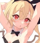  1girl :o animal_ears armpits arms_behind_head arms_up black_hairband black_leotard black_ribbon blonde_hair bow bowtie breasts cleavage collarbone commentary detached_collar fake_animal_ears fang flandre_scarlet hairband leotard open_mouth paragasu_(parags112) playboy_bunny red_eyes ribbon side_ponytail skin_fang small_breasts solo strapless strapless_leotard symbol-only_commentary touhou wings 