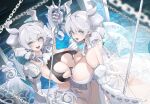  2girls :d armor breasts drill_hair duel_monster green_eyes holding holding_polearm holding_weapon lady_of_the_labrynth large_breasts looking_at_viewer lovely_labrynth_of_the_silver_castle lulu_heika medium_hair multiple_girls open_mouth polearm smile twin_drills weapon white_hair xiujia_yihuizi yu-gi-oh! 
