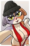  2022 3:4 anthro arched_back areola athletic beanie bedroom_eyes biped border bottomless bottomless_anthro bottomless_female calico_cat clothed clothing digital_media_(artwork) domestic_cat ear_piercing ear_ring english_text epic_games eyelashes fangs felid feline felis female fluffy fortnite hat headgear headwear hi_res looking_at_viewer mammal meow_skulls_(fortnite) mottled narrowed_eyes nipples nude nude_female open_mouth open_smile paws piebald piercing pink_nipples pinup pose ring_piercing seductive signature simple_background smile solo striped_sleeves text thick_eyelashes thick_thighs video_games wide_hips yellow_eyes zerlix_fox 