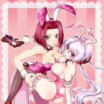  2girls animal_ears ass asymmetrical_docking axia-chan between_breasts blue_eyes bow bowtie breast_press breasts cleavage code_geass crossover fake_animal_ears gun hairband highres holding holding_gun holding_weapon kallen_stadtfeld large_breasts long_hair looking_at_viewer medium_hair multiple_girls pink_background playboy_bunny purple_eyes rabbit_ears rabbit_tail red_hair senki_zesshou_symphogear simple_background tail thighhighs twintails very_long_hair weapon white_hair yukine_chris 
