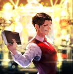  1boy at4190_(user_vzac7788) blurry blurry_background book brown_hair closed_mouth collared_shirt daniel_j._d&#039;arby facial_hair formal holding holding_book jojo_no_kimyou_na_bouken long_sleeves looking_at_viewer mustache necktie red_eyes red_necktie red_vest shirt short_hair smile solo stardust_crusaders vest white_shirt 