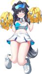  1girl animal_ears bare_legs bare_shoulders black_hair blue_archive blue_eyes breasts bright_pupils cheerleader cleavage crop_top dog_ears dog_girl dog_tail eyewear_on_head facial_mark full_body goggles goggles_on_head halo halterneck hibiki_(blue_archive) hibiki_(cheerleader)_(blue_archive) holding holding_pom_poms jumping looking_at_viewer medium_breasts midriff nichijo pom_pom_(cheerleading) ponytail shoes simple_background sneakers star_(symbol) star_facial_mark sticker_on_arm sticker_on_face tail white_background 