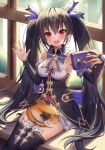  1girl :d absurdres animal bare_shoulders black_hair black_thighhighs breasts bridal_gauntlets calico cat cellphone choujigen_game_neptune cleavage commentary_request crossed_bangs detached_collar dot_nose fingernails gold_trim hair_between_eyes hair_ornament hands_up highres holding holding_phone indoors light_particles looking_at_viewer medium_breasts naze236 neptune_(series) noire_(neptunia) open_mouth phone red_eyes shadow sitting smile solo sparkle teeth thighhighs tree twintails upper_teeth_only window 