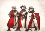  3girls armor belt boots flanged_mace gambeson gloves hand_on_hilt helmet holding holding_weapon long_hair medieval multiple_girls original scabbard sheath shield standing sword vanishlily weapon white_background 