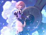  1girl ass bangs bare_shoulders black_leotard black_thighhighs breasts collar elbow_gloves fate/grand_order fate_(series) gloves gyoza_(pi512126) hair_over_one_eye highleg highleg_leotard highres large_breasts leotard light_purple_hair looking_at_viewer looking_back mash_kyrielight metal_collar open_mouth outstretched_arm purple_eyes purple_gloves shield short_hair smile solo thigh_strap thighhighs thighs 