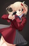  1girl absurdres artist_name bangs black_background blonde_hair blush breasts commentary feet_out_of_frame gun handgun headset highres holding holding_gun holding_weapon leehamin777 long_hair long_sleeves looking_at_viewer lycoris_recoil lycoris_uniform m1911 medium_breasts nishikigi_chisato open_mouth red_eyes solo standing thighs twitter_username two-tone_dress weapon 
