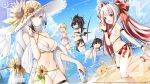  5girls =_= ahoge alternate_costume arm_strap azur_lane bangs bare_shoulders barefoot bat_hair_ornament beach bikini bird black_bikini black_hair black_sarong blonde_hair blue_one-piece_swimsuit blue_sky blunt_bangs blush breasts brown_hair can chick cleavage closed_eyes closed_mouth cloud collarbone commentary_request crossed_arms day double_bun dutch_angle fang flower gradient_hair green_eyes hai_tien_(azur_lane) hair_between_eyes hair_bun hair_flower hair_ornament hair_ribbon halterneck hand_up hands_up hat hat_flower highres holding holding_can huge_ahoge innertube logo long_hair looking_at_viewer manjuu_(azur_lane) medium_breasts midriff multi-strapped_bikini multicolored_hair multiple_girls navel ocean official_art oite_(azur_lane) open_mouth outdoors pointy_ears ponytail red_eyes red_hair red_ribbon ribbon sarong school_swimsuit see-through shadow shawl short_hair sidelocks sitting skin_fang skindentation sky small_breasts smile southampton_(azur_lane) standing standing_on_one_leg streaked_hair sun_hat sunflower sunflower_hair_ornament swimsuit thigh_strap two-tone_hair vauquelin_(azur_lane) very_long_hair vilor wading white_bikini white_hair wrist_wrap wristband x_hair_ornament yellow_eyes z24_(azur_lane) 