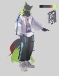  absurd_res anthro artist_logo awaldkize black_nose black_sclera blue_bottomwear blue_clothing blue_jacket blue_pants blue_topwear bottomwear canid cheek_tuft clothed clothing color_swatch facial_tuft full-length_portrait fur green_body green_eyes green_fur green_inner_ear green_tail grey_background grey_body grey_bottomwear grey_clothing grey_ears grey_fur grey_pants grey_tail hand_in_pocket hi_res jacket jewelry logo looking_at_viewer male mammal neck_tuft necklace pants pockets portrait red_body red_fur red_tail simple_background solo standing topwear tuft white_clothing white_jacket white_topwear 