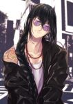  1boy absurdres arm_tattoo black_hair black_jacket blurry blurry_background braid chest_tattoo fate/grand_order fate_(series) hair_between_eyes head_tilt highres jacket long_hair looking_at_viewer male_focus off_shoulder purple-tinted_eyewear road rope_necklace single_braid smile solo street tank_top tattoo tinted_eyewear upper_body white_tank_top yan_qing_(fate) yellow_eyes yoi_(207342) zipper 