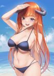  1girl :d arknights arm_up bagpipe_(arknights) bangs bikini black_bikini blue_sky blunt_bangs breasts cleavage cloud commentary cowboy_shot day front-tie_bikini_top front-tie_top highres horns large_breasts long_hair looking_at_viewer navel ocean open_mouth orange_hair purple_eyes sky smile solo standing stomach swimsuit very_long_hair water yuzuruka_(bougainvillea) 