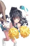  1boy 1girl a_(sofi3103) animal_ears bangs bare_legs bare_shoulders black_hair blue_archive blush breasts cheerleader crop_top dog_ears dog_girl dog_tail goggles halo hibiki_(blue_archive) hibiki_(cheerleader)_(blue_archive) highres long_hair looking_at_viewer minigirl pleated_skirt pom_pom_(cheerleading) ponytail shoes simple_background skirt sneakers solo solo_focus tail white_background 