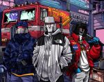  a_bathing_ape artist_name assault_visor blue_jacket blue_pants can chain clothed_robot decepticon english_commentary gold_chain graffiti grey_hoodie grey_pants hands_in_pockets holding holding_can hood hoodie jacket kensuke_creations looking_at_viewer looking_up mecha megatron nasa_logo no_humans optimus_prime over_shoulder paint_roller pants red_jacket robot shirt smile smirk soundwave_(transformers) spray_can starscream the_north_face thrasher_magazine transformers white_shirt 