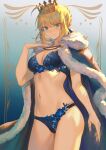  1girl artoria_pendragon_(fate) artoria_pendragon_(lancer)_(fate) bangs blonde_hair blue_bra blue_panties bra breasts cleavage closed_mouth fate/grand_order fate_(series) fur_trim green_eyes hand_on_own_chest highres large_breasts looking_at_viewer mashuu_(neko_no_oyashiro) navel panties smile solo underwear 