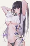  10_plus 1girl arms_up bangs black_hair black_panties breasts commission crop_top flower_tattoo highres inuyasha kikyou_(inuyasha) large_breasts long_hair navel panties purple_eyes shirt short_sleeves simple_background skeb_commission solo stomach tattoo underboob underwear very_long_hair white_shirt 