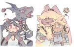  angoramon anthro bandai_namco belt blonde_hair digimon digimon_(species) eyewear fur goggles group guilmon hair hair_over_eyes heterochromia human lagomorph leporid long_ears male mammal ponytail_ears q_o_o_p_x rabbit yellow_body yellow_fur 