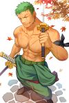  1boy abs armband bara dual_wielding hidora_art highres holding holding_sword holding_weapon large_pectorals male_focus muscular muscular_male navel nipples one_piece pectorals roronoa_zoro scar scar_across_eye scar_on_chest scar_on_face smile solo sweat sweatdrop sword topless_male weapon 