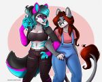  5:4 anthro bottomwear bright_eyes canid canine canis clothing denim denim_clothing duo female friends grey_body hair jeans long_hair mammal open_mouth open_smile pants red_hair renita shirt shy_smile smile t-shirt topic topwear undershirt volodyanocturne walking wolf yozora 