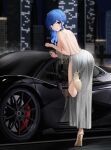  1girl ass azur_lane backless_outfit bag bare_arms bare_back bare_shoulders black_bag blue_hair blurry blurry_background building car cityscape dress evening_gown full_body gold_footwear ground_vehicle handbag high_heels highres holding holding_bag leaning_forward leg_up long_hair looking_at_viewer looking_back motor_vehicle night official_alternate_costume outdoors qing_wu red_eyes reflection skyscraper smile solo st._louis_(azur_lane) st._louis_(luxurious_wheels)_(azur_lane) standing standing_on_one_leg thighs 