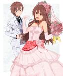  1boy 1girl absurdres black_shirt blue_eyes blue_necktie bouquet bridal_veil bride brown_hair crossdressing dress elbow_gloves flower formal gloves grey_vest groom hair_between_eyes highres holding holding_bouquet husband_and_wife long_hair necktie nusisippi original otoko_no_ko pants pink_dress pink_flower pink_gloves pink_rose red_eyes rose shirt short_hair smile strapless strapless_dress suit veil very_long_hair vest wedding wedding_dress white_pants white_suit 