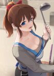 1girl apron blue_eyes blurry blush bokeh bow breasts brown_hair cleavage collarbone depth_of_field grey_shirt hair_bow highres holding holding_ladle idolmaster idolmaster_million_live! kamille_(vcx68) kitchen ladle looking_at_viewer medium_breasts ponytail satake_minako shirt smile solo 