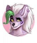  anthro canid canine canis ear_piercing ear_ring female five_nights_at_freddy&#039;s five_nights_at_freddy&#039;s:_security_breach fur green_hair hair headshot_portrait hi_res hoop_ear_ring icon mammal narrowed_eyes naughty_face piercing pink_body pink_fur portrait ring_piercing roxanne_wolf_(fnaf) scottgames sly_look smile solo video_games volodyanocturne white_hair wolf 