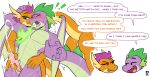  anthro bodily_fluids cum dialogue dragon english_text erection exclamation_point female fire friendship_is_magic genital_fluids genitals handjob hasbro hi_res male male/female membrane_(anatomy) membranous_wings my_little_pony orange_body orange_scales penile penis purple_body purple_scales redxbacon scales sex simple_background smolder_(mlp) spike_(mlp) text white_background wings 