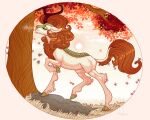  2022 asian_mythology autumn autumn_blaze_(mlp) brown_mane chinese_mythology cloven_hooves east_asian_mythology eyebrows eyelashes eyes_closed female feral friendship_is_magic fur grass green_body green_scales hasbro hooves horn kirin leaf mammal mane my_little_pony mythology plant rock scales smile snowberry solo sun tree white_body white_fur 