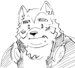  anthro beady_eyes bust_portrait canid canine canis domestic_dog eyebrows headphones headphones_around_neck lifewonders live-a-hero male mammal mokdai pig_p0318 portrait sketch smile solo thick_eyebrows video_games 