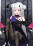  1girl armchair bangs bare_shoulders black_dress black_gloves black_pantyhose blue_eyes blush boots breasts chair double_bun dress earrings elbow_gloves foot_out_of_frame girls&#039;_frontline gloves hair_bun highres horns jewelry long_hair looking_at_viewer mdr_(ghost_trap)_(girls&#039;_frontline) mdr_(girls&#039;_frontline) official_alternate_costume open_mouth pantyhose pink_eyes pointy_ears sitting smile solo thomas_8000 two-tone_dress white_hair wings 