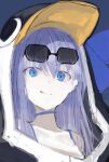  1girl animal_hood asagi_(kabocha_oukoku) blue_background blue_eyes character_request copyright_request eyewear_on_head hood long_hair looking_at_viewer penguin_hood purple_hair sketch solo sunglasses tongue tongue_out 