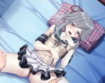  1girl absurdres alternate_costume apron bikini bikini_under_clothes black_bikini black_skirt blue_sailor_collar breasts frilled_apron frills front-tie_bikini_top front-tie_top grey_eyes grey_hair hair_ribbon highres kantai_collection long_hair lying miniskirt on_back pillow pleated_skirt ponytail red_ribbon ribbon sailor_collar skirt small_breasts solo_focus swimsuit tk8d32 usugumo_(kancolle) waist_apron white_apron 