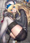  1girl :d black_shorts blonde_hair blue_eyes blush boots breasts brick_(atelier_brick) feet_out_of_frame goblin_slayer! grey_footwear helm helmet long_hair long_sleeves lying medium_breasts on_floor on_side open_mouth priestess_(goblin_slayer!) shorts smile solo staff stone_floor thigh_boots very_long_hair white_headwear 