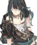 1girl aqua_eyes asagi_(kabocha_oukoku) blue_hair breasts cleavage ear_piercing glasses gloves granblue_fantasy hair_ornament hairband highres illnott jacket jewelry looking_at_viewer necklace piercing sketch solo upper_body white_background 