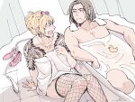  2boys :d bangs bathing bathtub black_thighhighs blonde_hair bracelet brown_hair cho_(chorion) closed_mouth crossdressing curtains earrings facial_hair feet_out_of_frame fishnet_thighhighs fishnets floor_tiles frown hair_ribbon high_heels irezumi jewelry knees_together_feet_apart majima_gorou male_focus multiple_boys necklace on_floor open_mouth pink_footwear pink_nails pink_ribbon ponytail ribbon rubber_duck ryuu_ga_gotoku_(series) saejima_taiga shoes shoes_removed short_hair sitting smile tattoo teeth thighhighs towel white_towel 