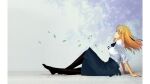  1girl ahoge artoria_pendragon_(fate) blonde_hair blouse closed_eyes fate/stay_night fate_(series) feet full_body hair_down leaf long_hair official_art pantyhose ribbon saber shirt sitting skirt smile 