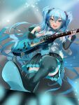  1girl :d absurdres aqua_necktie bangs black_skirt black_sleeves blue_eyes blue_hair blurry boots depth_of_field detached_sleeves electric_guitar foreshortening from_below glowing grey_shirt guitar hair_between_eyes hair_ornament hatsune_miku headset highres holding instrument kawasuru light_rays long_hair looking_at_viewer looking_down music necktie open_mouth playing_instrument pleated_skirt plectrum shirt skirt sleeveless sleeveless_shirt smile solo stepping thigh_boots twintails very_long_hair vocaloid 