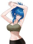  1girl aqua_eyes armpits arms_up bangs bare_arms blue_hair breasts cleavage closed_mouth collarbone commentary expressionless fingernails highres large_breasts leona_heidern lips long_hair looking_at_viewer midriff navel pants ponytail ribs shiny shiny_hair sidelocks simple_background sleeveless solo stomach tank_top the_king_of_fighters upper_body white_background yukimune 