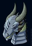  2022 absurd_res armor black_background bust_portrait covered_eyes dragon feral gorget green_body green_scales head_spikes headgear helmet hi_res horn male mitokep neck_spikes obscured_eyes plate_armor portrait reptile scales scalie simple_background solo spiked_armor spiked_helmet spikes spikes_(anatomy) text url 