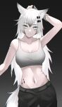  1girl absurdres animal_ears arknights arm_up armpits bangs black_background black_pants breasts commentary_request crop_top grey_eyes grey_tank_top grin hair_ornament hairclip highres lappland_(arknights) large_breasts long_hair looking_at_viewer midriff navel oripathy_lesion_(arknights) pants parted_lips simple_background smile solo stomach tail tank_top very_long_hair white_hair wolf_ears wolf_tail yzbr 