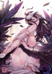  1girl albedo_(overlord) arms_behind_back artist_logo ass bare_shoulders barefoot black_feathers black_hair bound bound_arms bound_wrists breasts demon_girl demon_horns demon_wings dress feathered_wings feathers gloves highres horns large_breasts long_hair looking_at_viewer low_wings nekomimipunks nipples overlord_(maruyama) parted_lips revealing_clothes sideboob soles solo white_dress white_gloves wings yellow_eyes 
