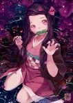  1girl artist_logo artist_name bamboo bit_gag black_hair brown_hair checkered_sash claw_pose colored_tips fingernails flower gag highres japanese_clothes kamado_nezuko kimetsu_no_yaiba kimono long_hair looking_at_viewer multicolored_hair nekomimipunks obi partially_submerged petals pink_eyes pink_kimono pink_nails red_flower sash sitting solo two-tone_hair very_long_hair wariza wide_sleeves 